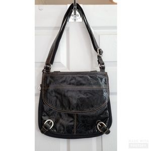 Fossil black leather and canvas handbag